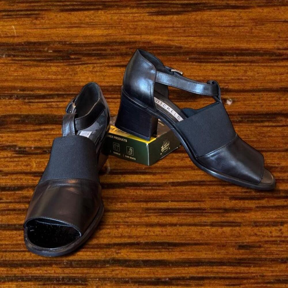 VTG Nickels Black Leather Open-Toe Block Heels